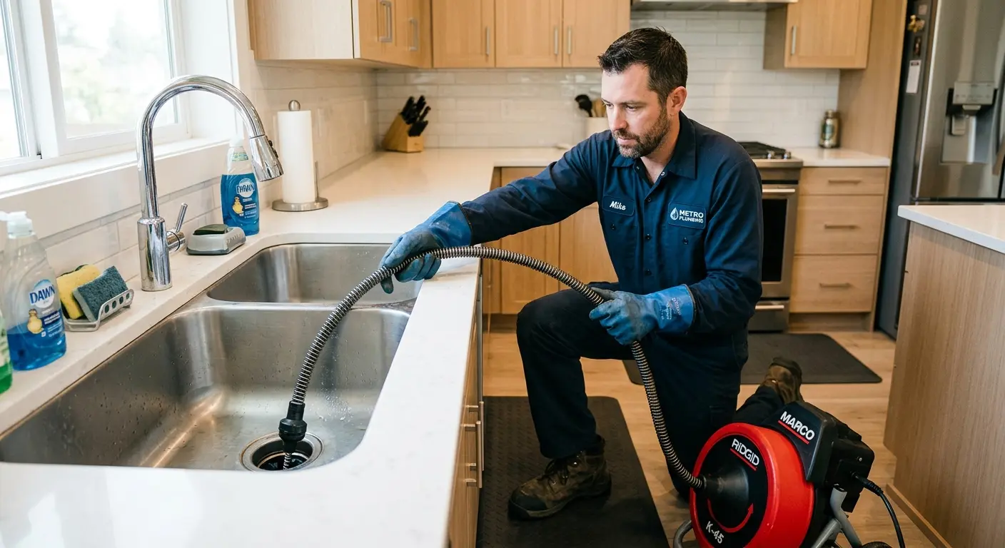 Drain cleaning technician using a motorized snake on a kitchen sink in Long Hill