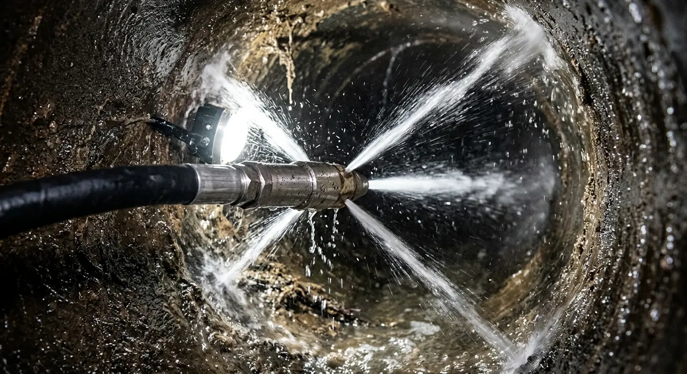 High-pressure hydro jetting nozzle cleaning sewer pipe for Sewer Cleanout in Long Hill