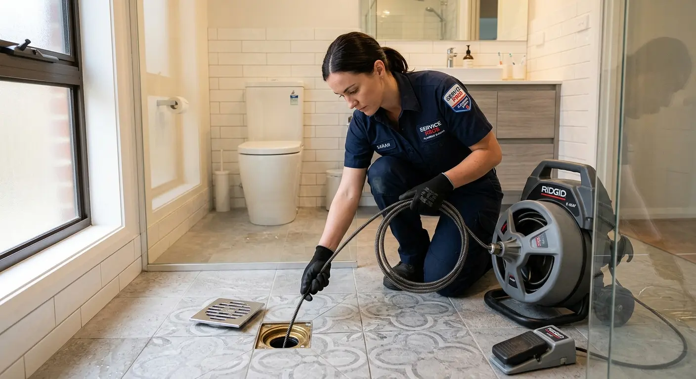 Technician clearing a bathroom floor drain for Drain Repair in Long Hill